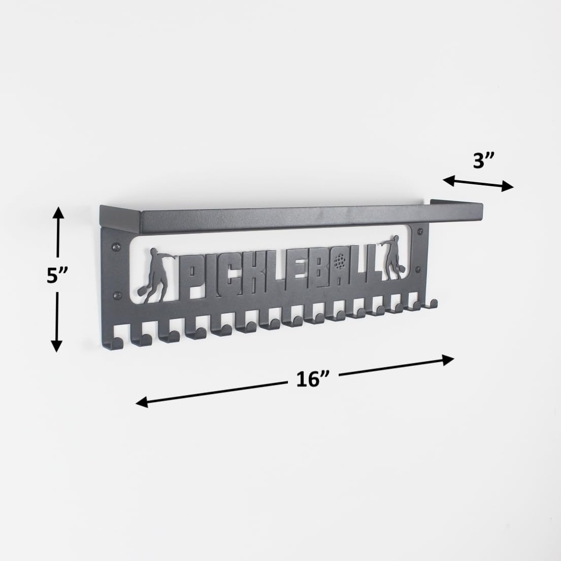 16" Premium Metal Wall Mount "PICKLEBALL" Medal Hanger with 3" Shelf