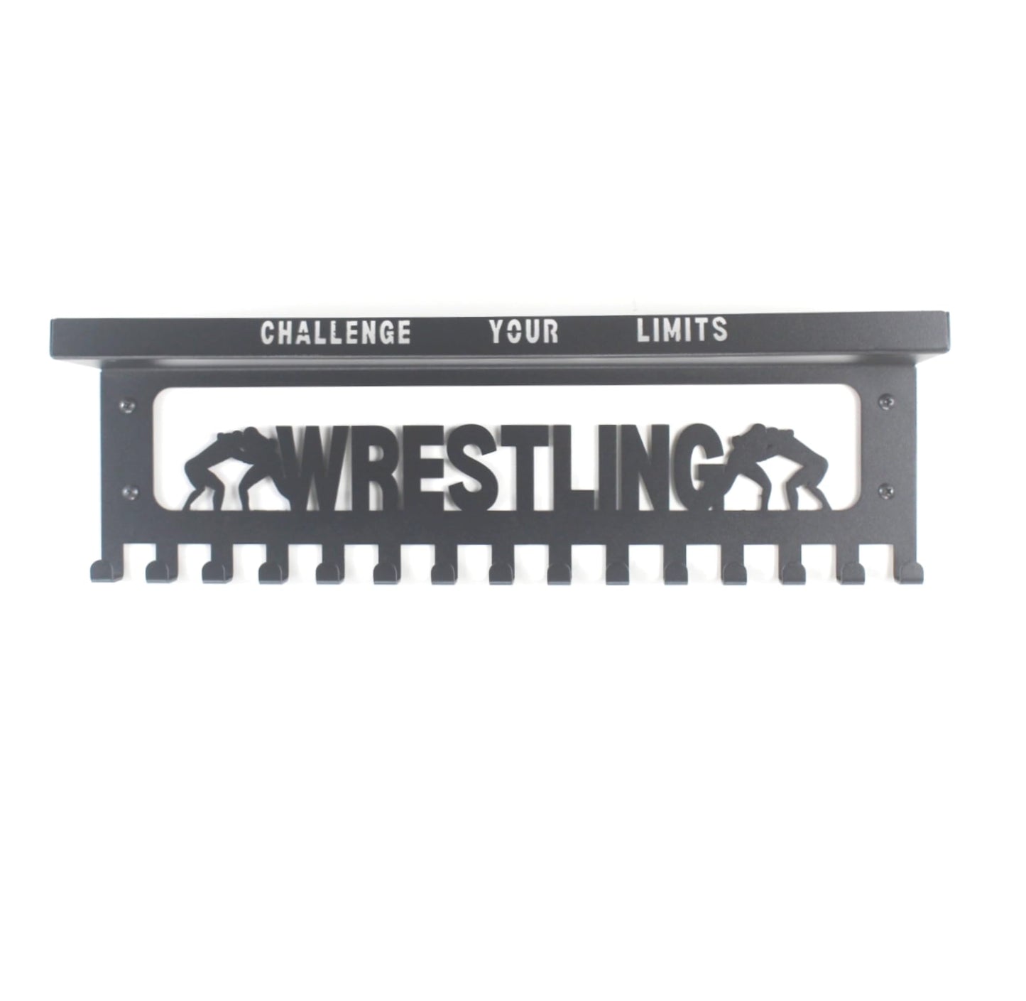 16" Premium Metal Wall Mount "WRESTLING" Medal Hanger with 3" Shelf