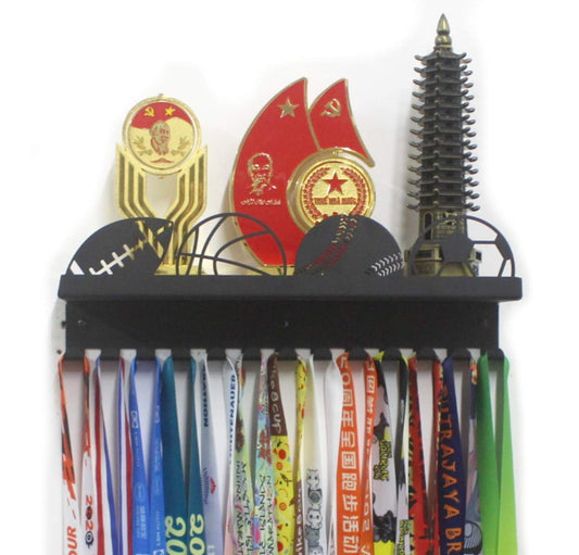 Sports Ball Shelf Medal Hanger with a Shelf and Hooks (Black)