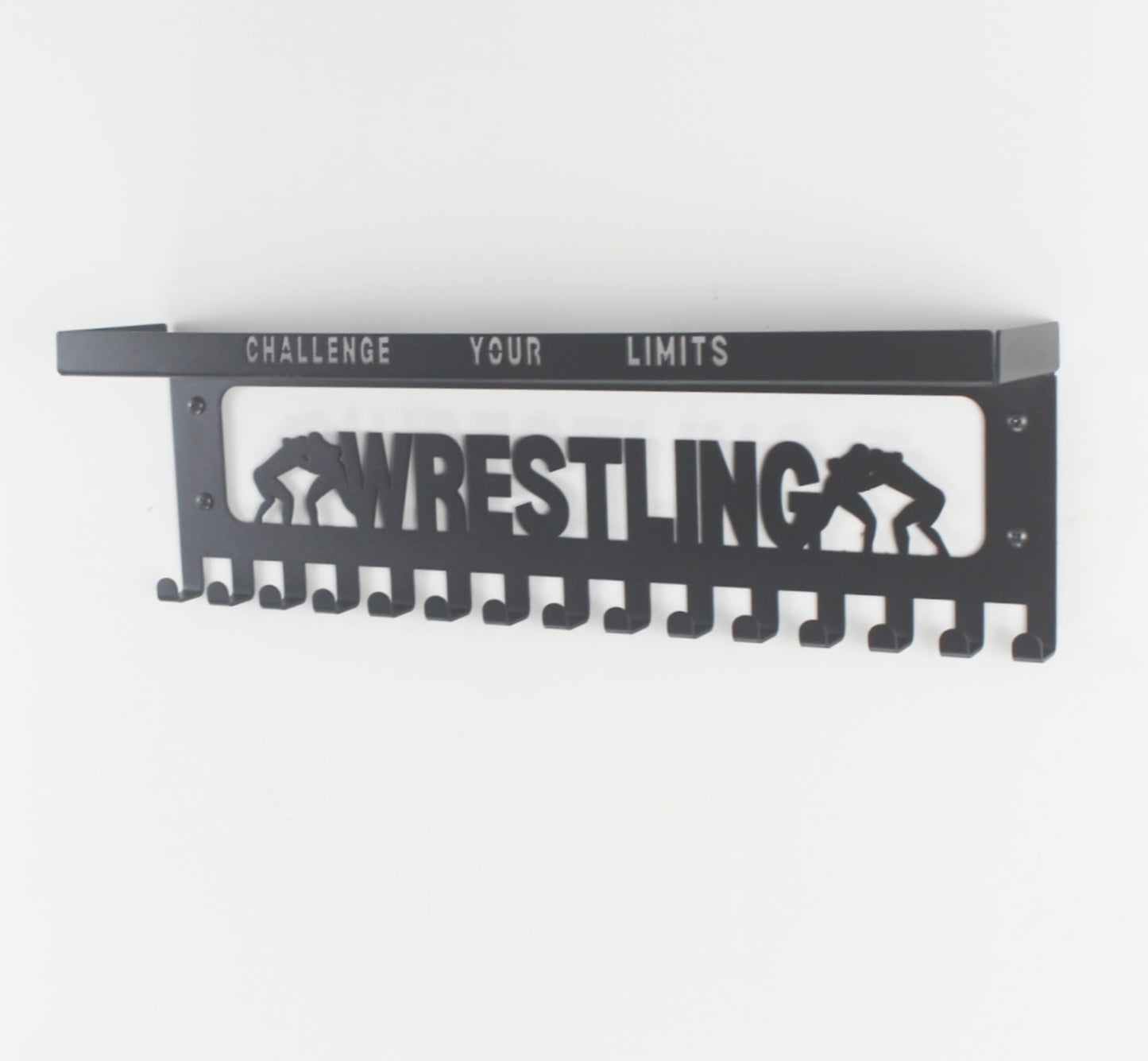 16" Premium Metal Wall Mount "WRESTLING" Medal Hanger with 3" Shelf