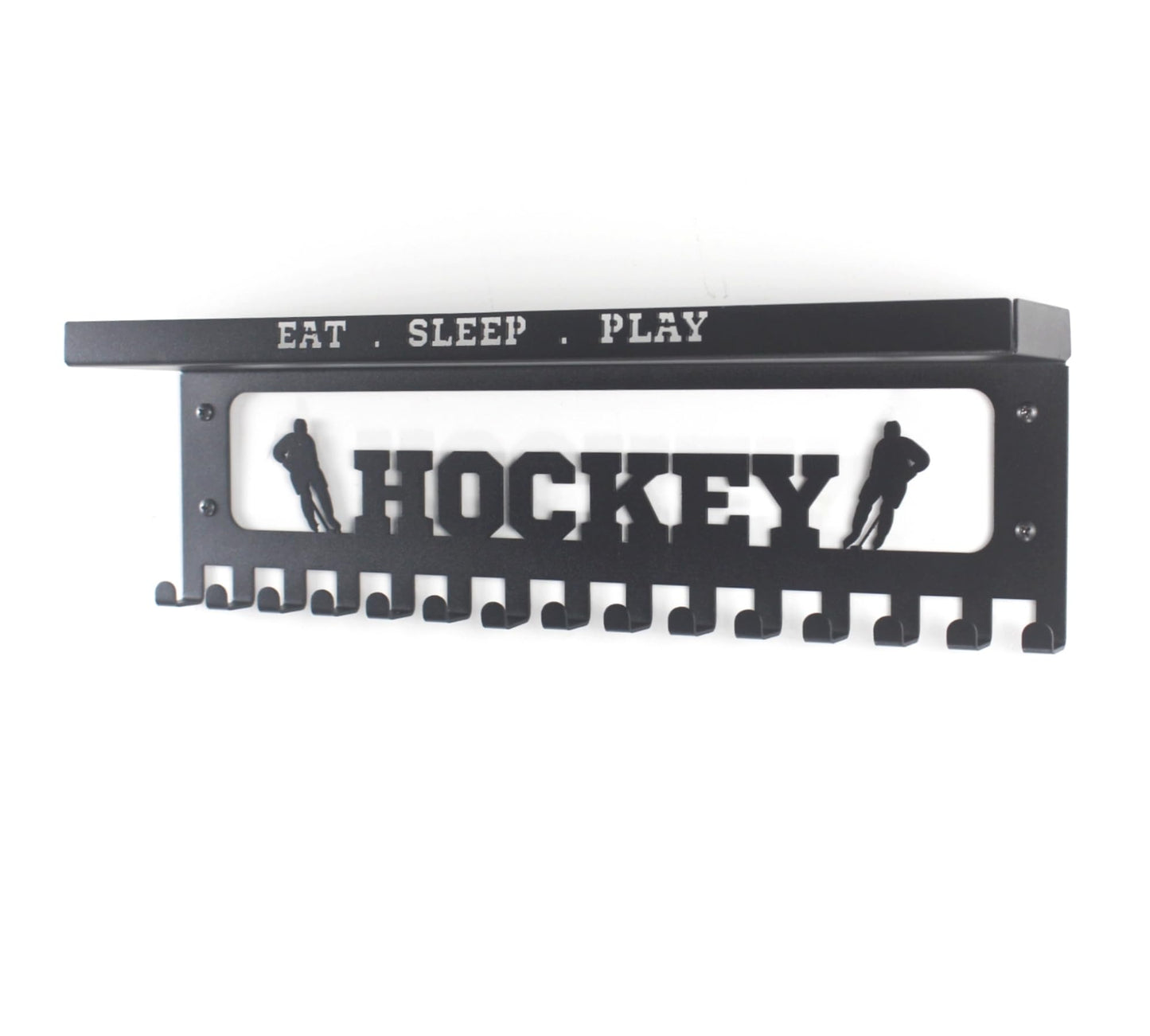 16" Premium Metal Wall Mount "HOCKEY" Medal Hanger with 3" Shelf