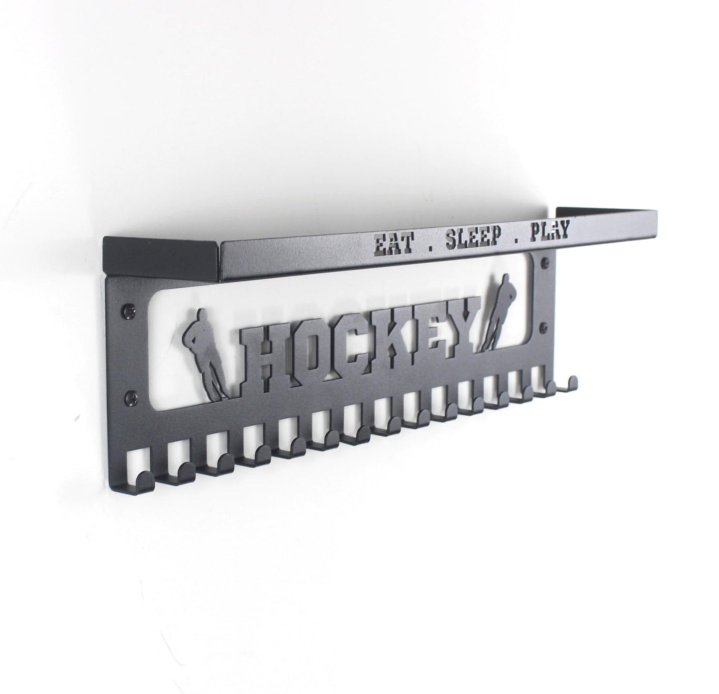 16" Premium Metal Wall Mount "HOCKEY" Medal Hanger with 3" Shelf