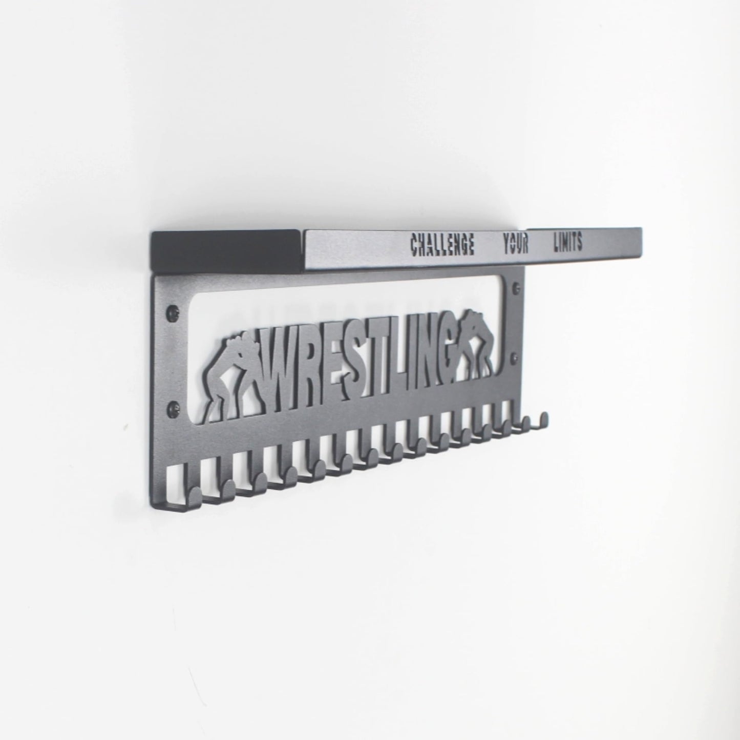 16" Premium Metal Wall Mount "WRESTLING" Medal Hanger with 3" Shelf