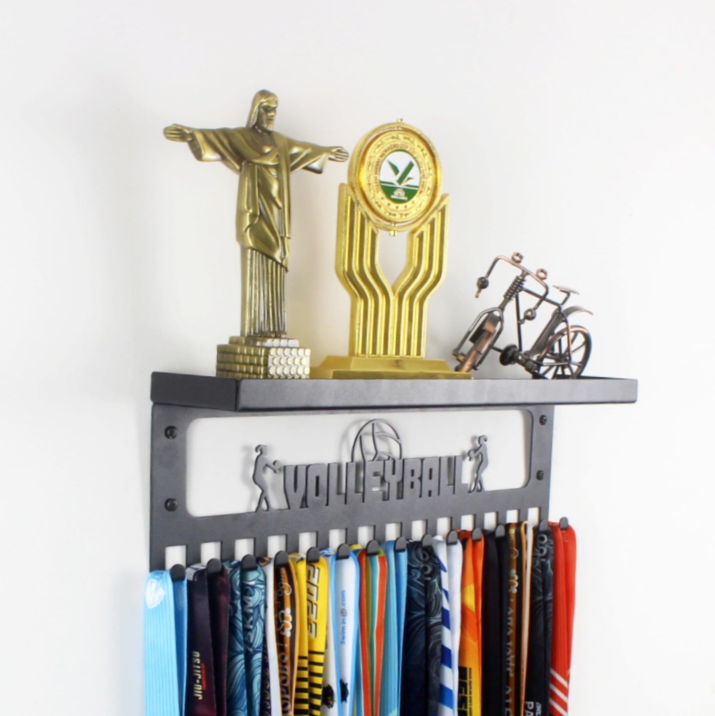 16" Premium Metal Wall Mount "VOLLEYBALL" Medal Hanger with 3" Shelf