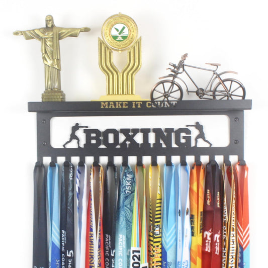 16" Premium Metal Wall Mount "BOXING" Medal Hanger with 3" Shelf