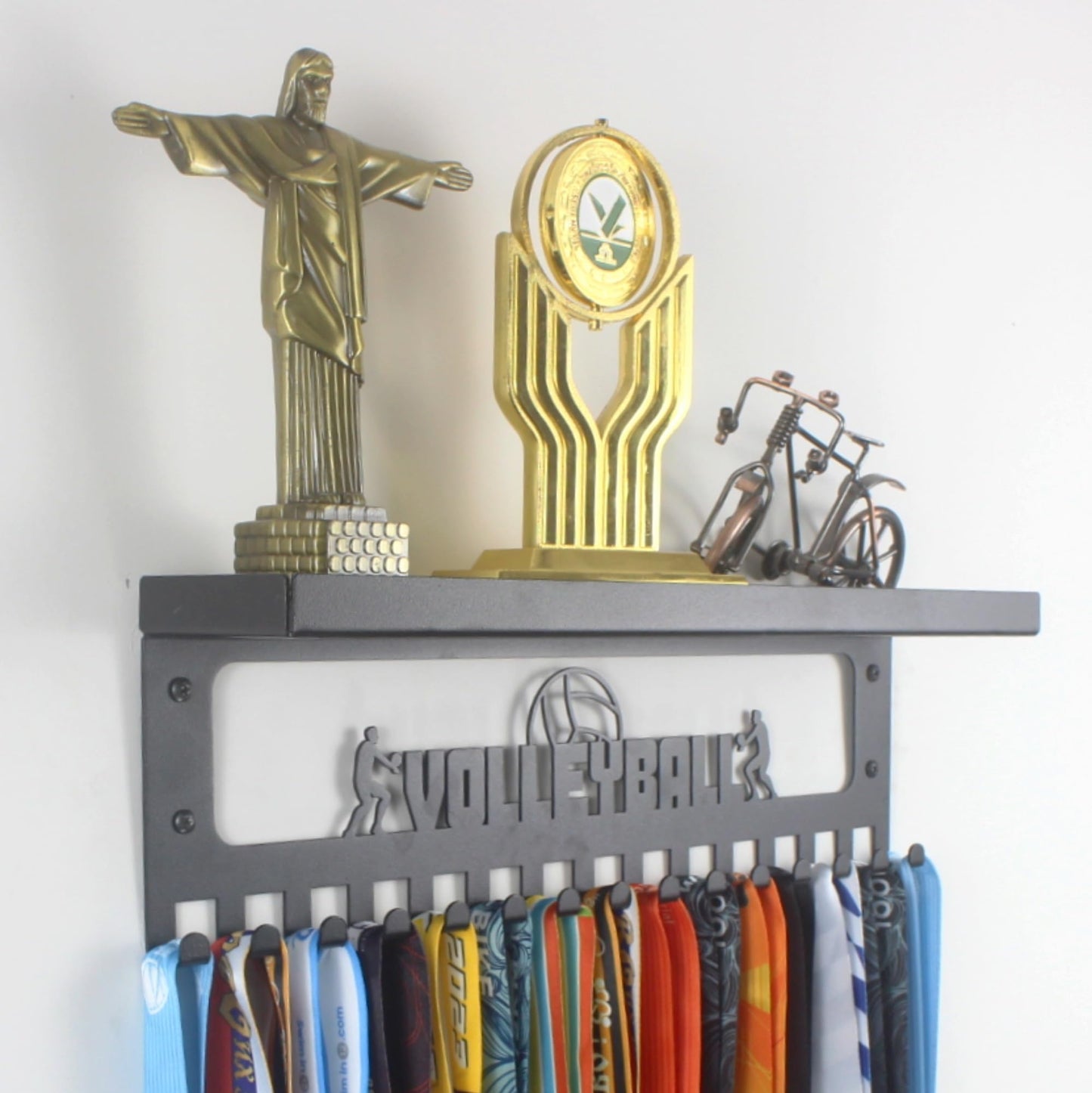 16" Premium Metal Wall Mount "VOLLEYBALL" Medal Hanger with 3" Shelf