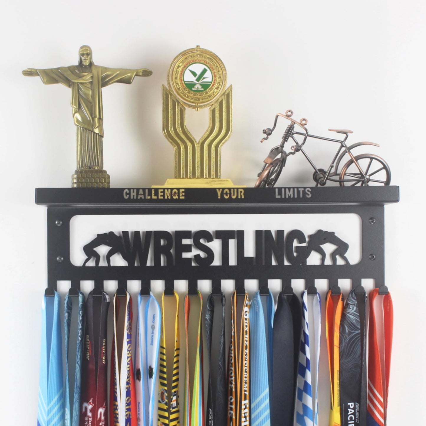 16" Premium Metal Wall Mount "WRESTLING" Medal Hanger with 3" Shelf