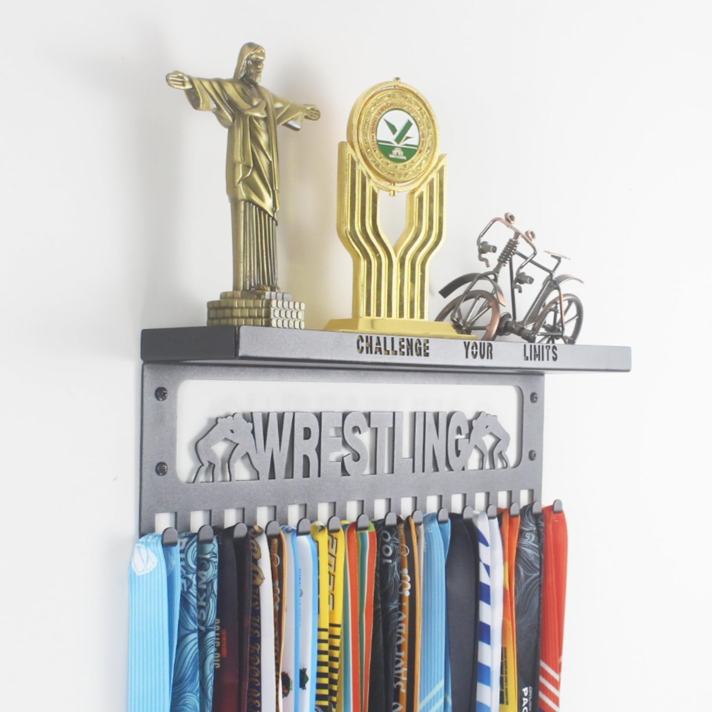 16" Premium Metal Wall Mount "WRESTLING" Medal Hanger with 3" Shelf