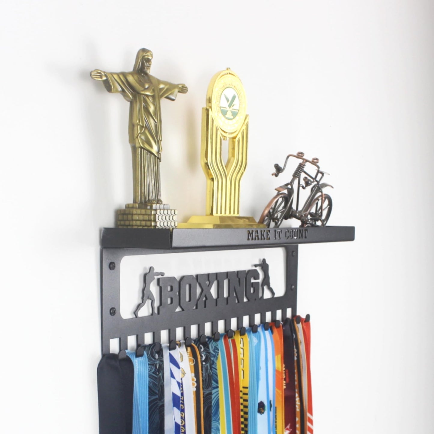 16" Premium Metal Wall Mount "BOXING" Medal Hanger with 3" Shelf