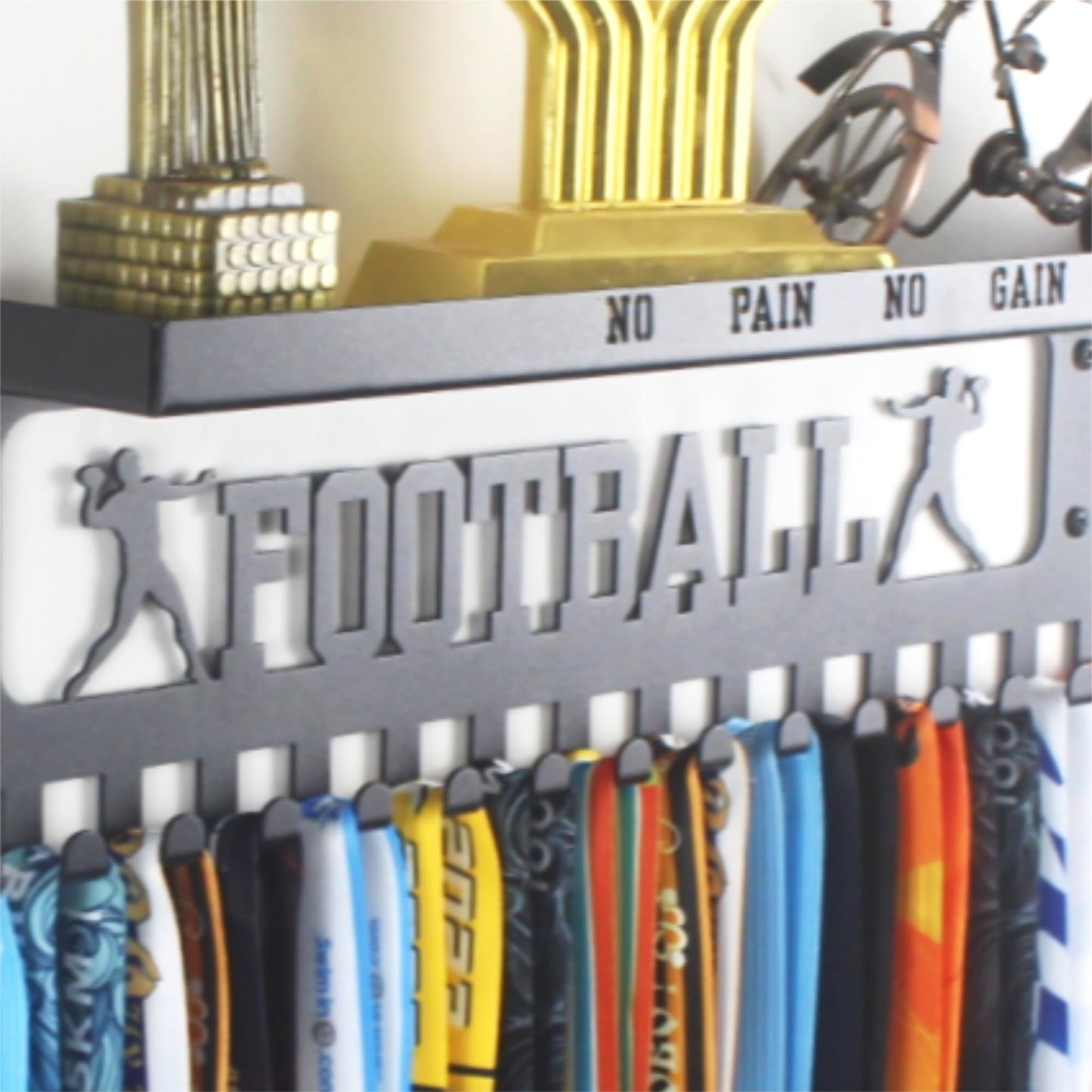 16" Premium Metal Wall Mount "FOOTBALL" Medal Hanger with 3" Shelf