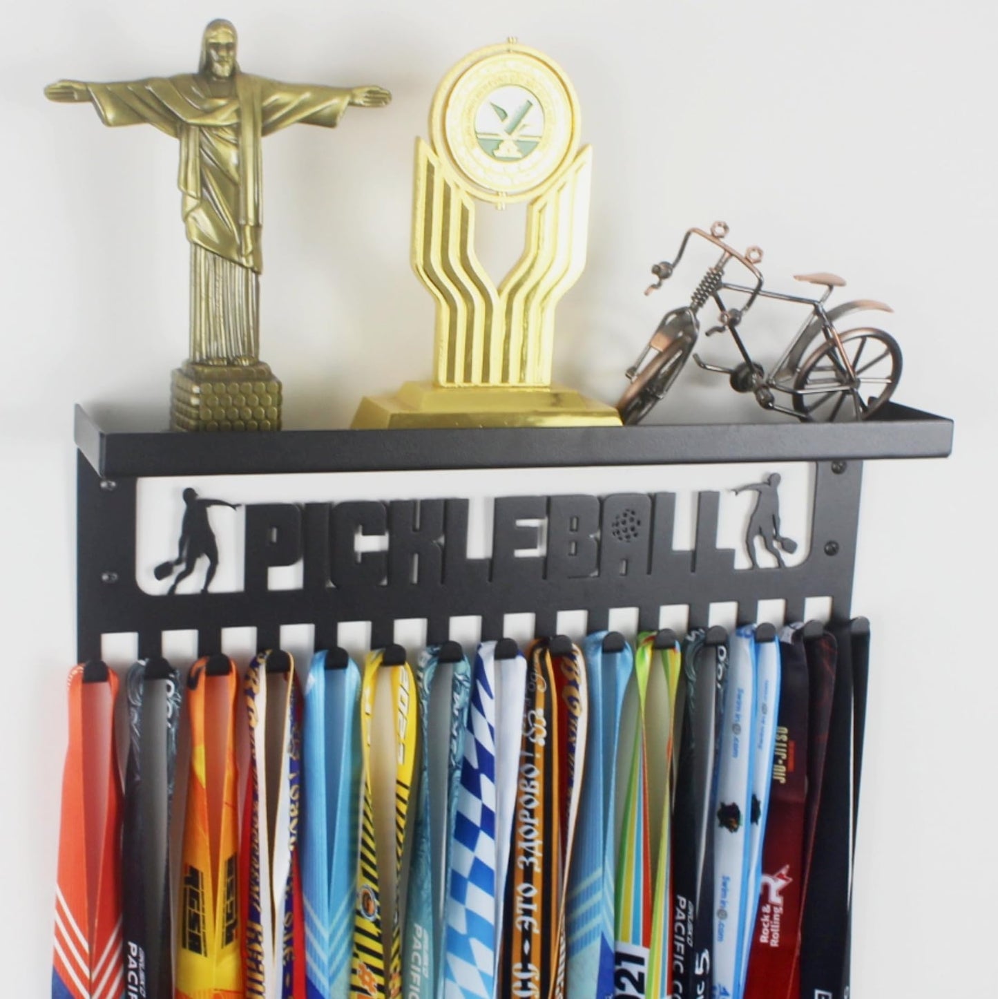 16" Premium Metal Wall Mount "PICKLEBALL" Medal Hanger with 3" Shelf