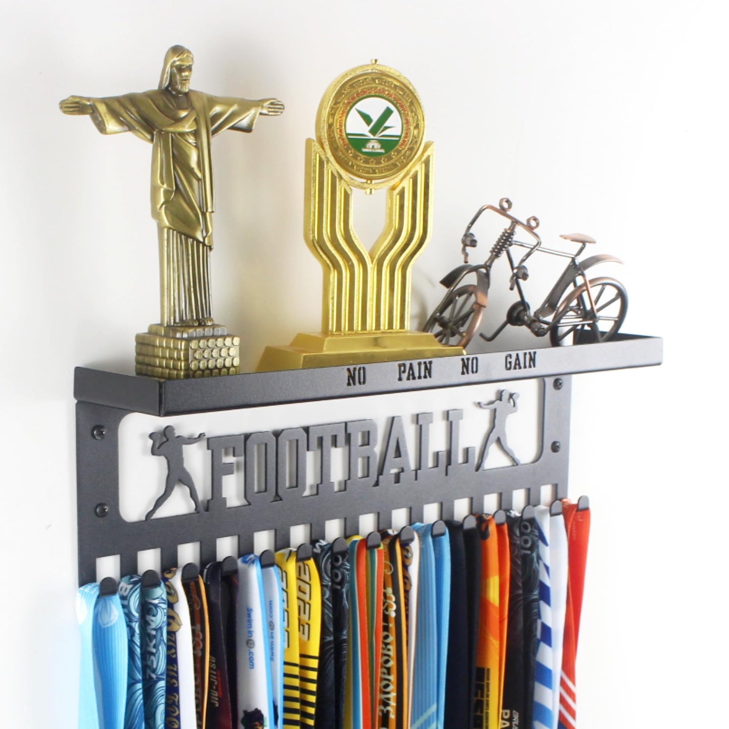 16" Premium Metal Wall Mount "FOOTBALL" Medal Hanger with 3" Shelf