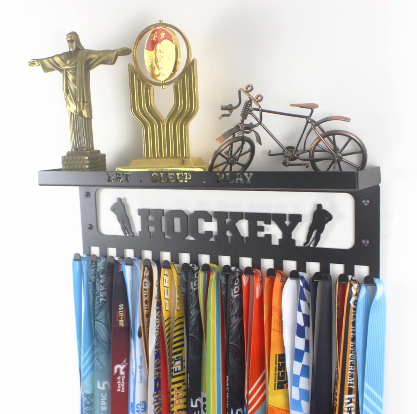 16" Premium Metal Wall Mount "HOCKEY" Medal Hanger with 3" Shelf