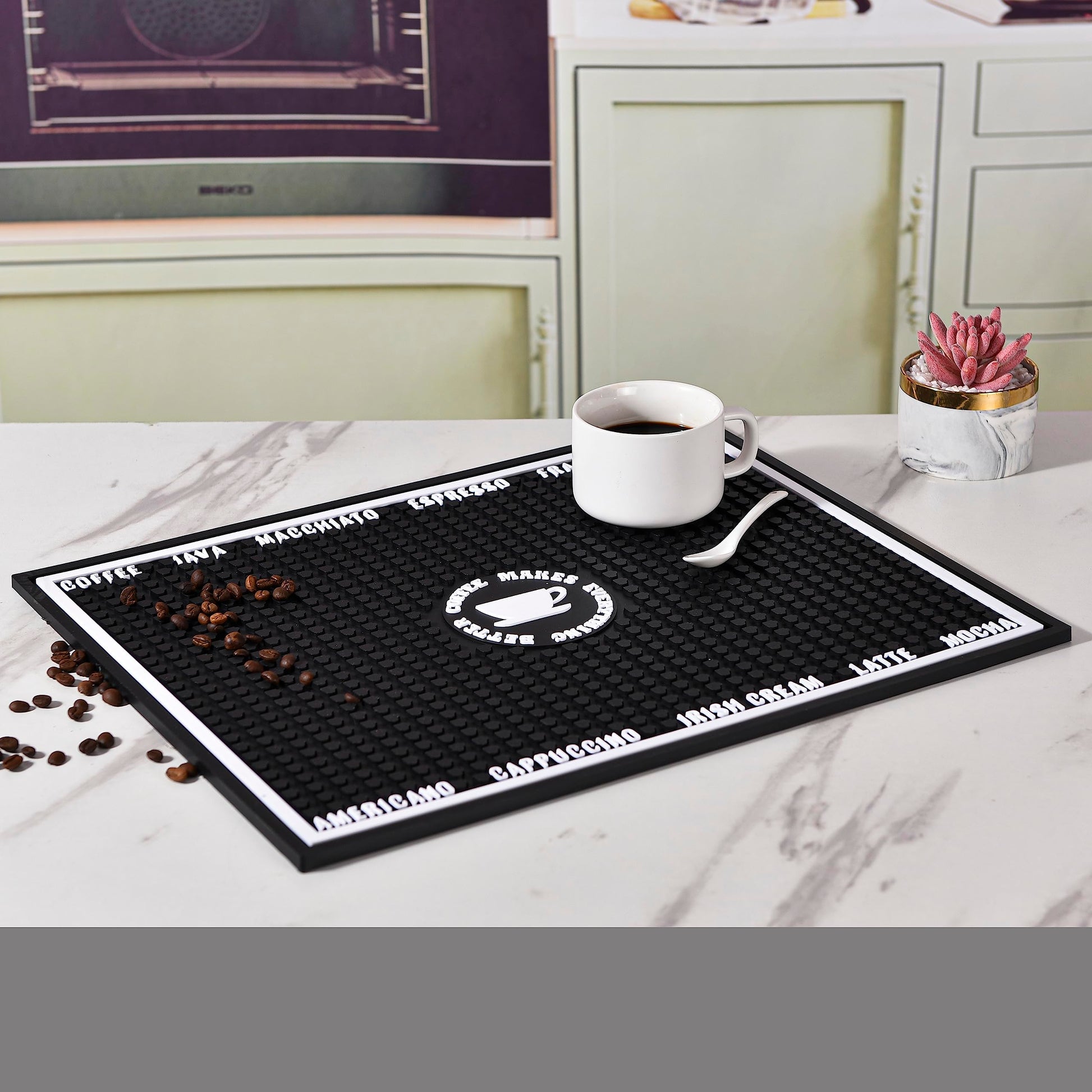 Black Rubber Coffee Bar Mats for Countertop Spills (18 x 12 In, 2